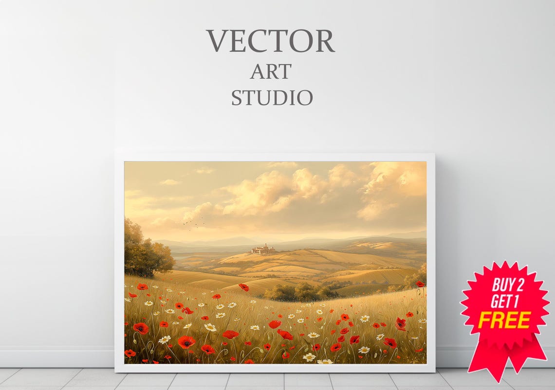 Red Poppy Wheat Field Beneath Tuscan Hills at Golden Hour Poster - Image 3