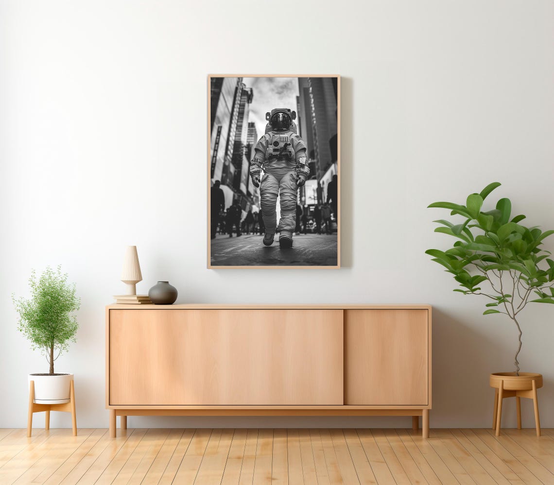 Surreal Astronaut Strolling Through Downtown Skyscrapers Photo Poster - Image 2