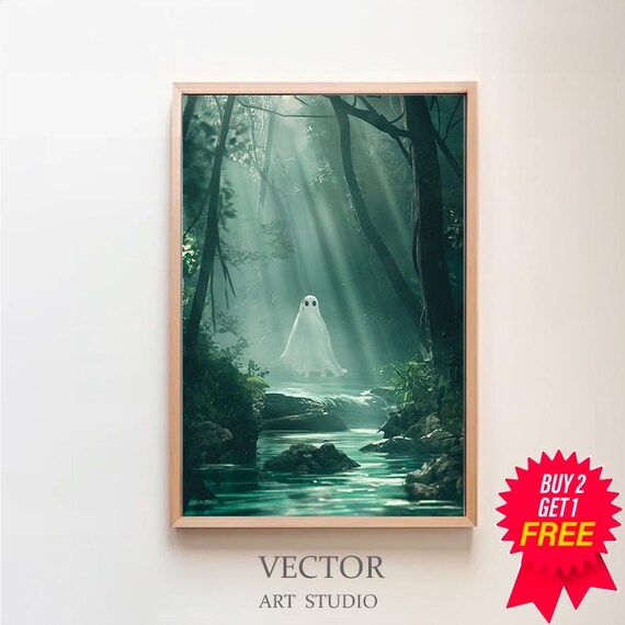 Small Ghost Standing In Sunbeam Lit Forest Stream Ethereal Art Poster