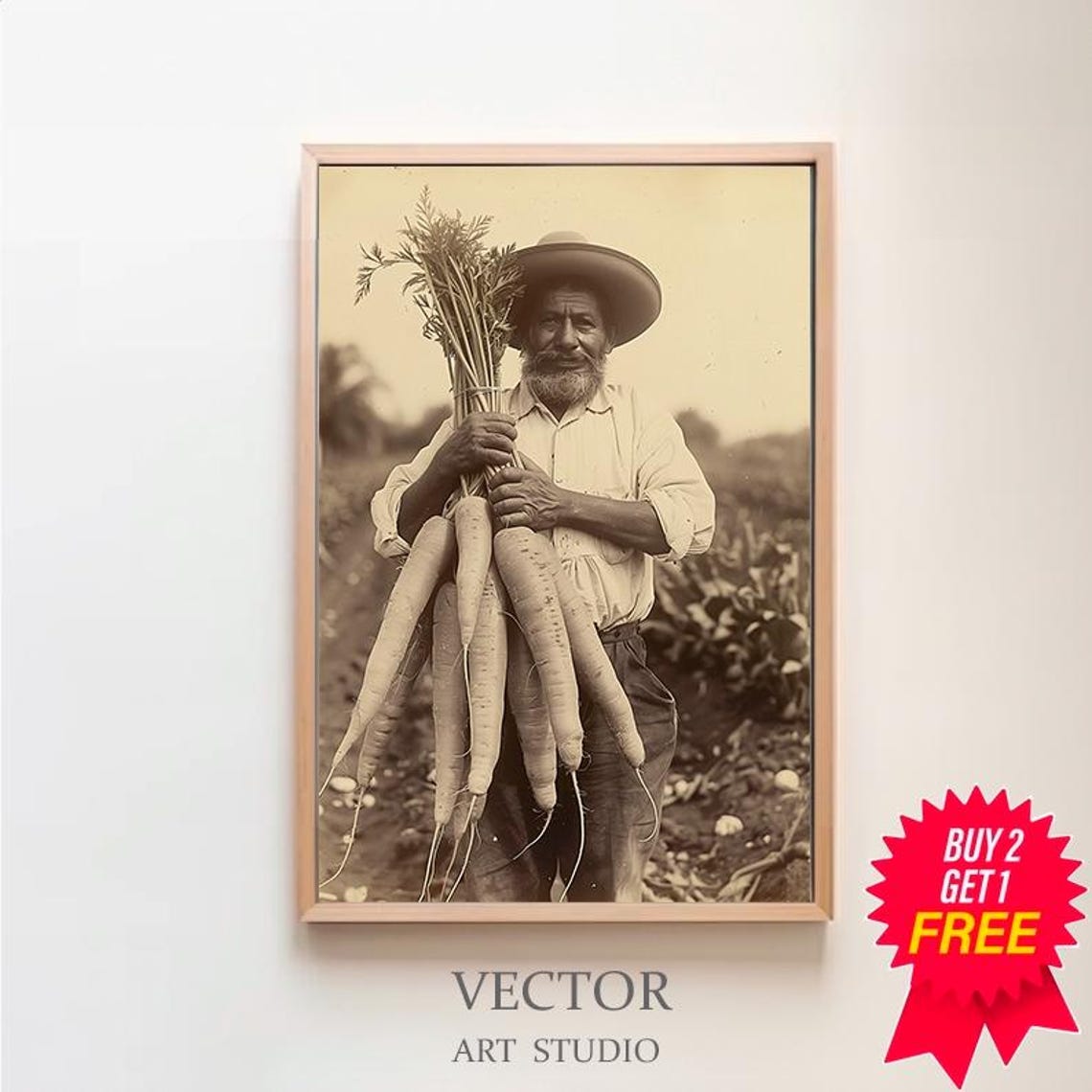 Vintage Sepia Mexican Farmer Holding Giant Harvest Art Poster