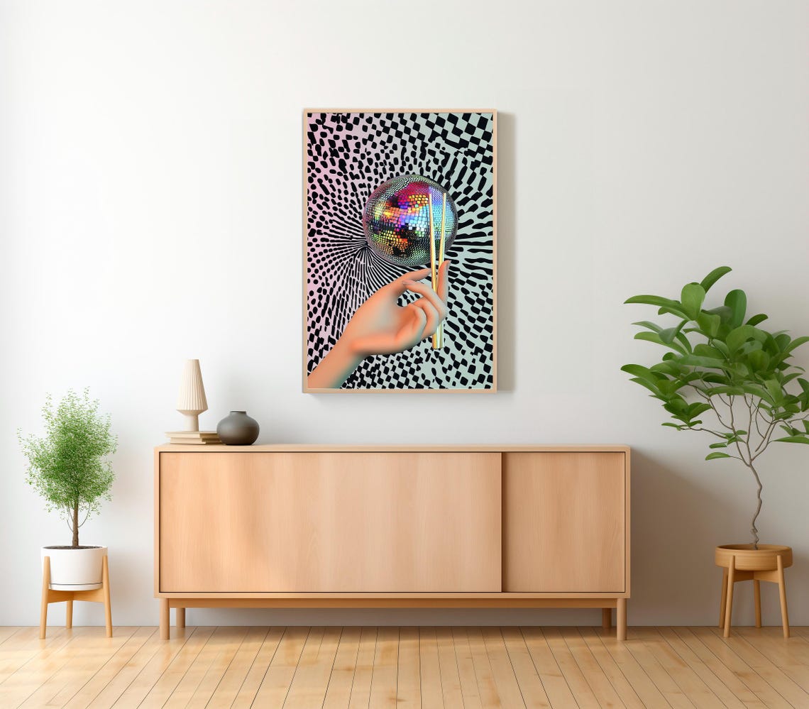 Rainbow Iridescent Disco Ball with Chopsticks Psychedelic Pop Poster - Image 2