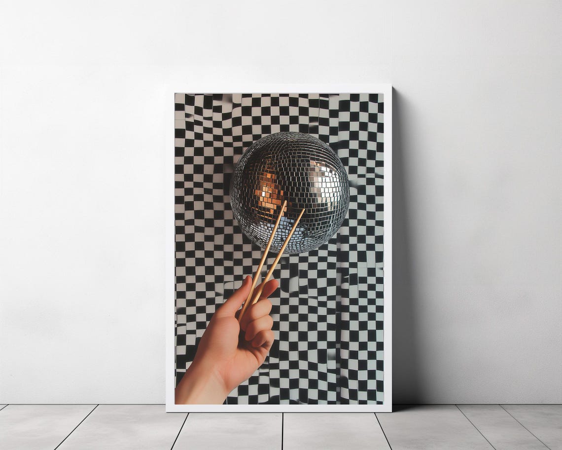Hand Holding a Silver Disco Ball with Chopsticks Retro Pop Art Poster - Image 3