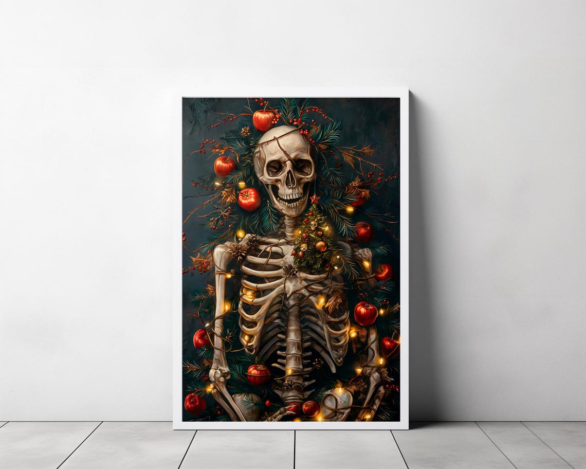 Smiling Skeleton In Christmas Lights Red Apples Dark Holiday Poster - Image 3