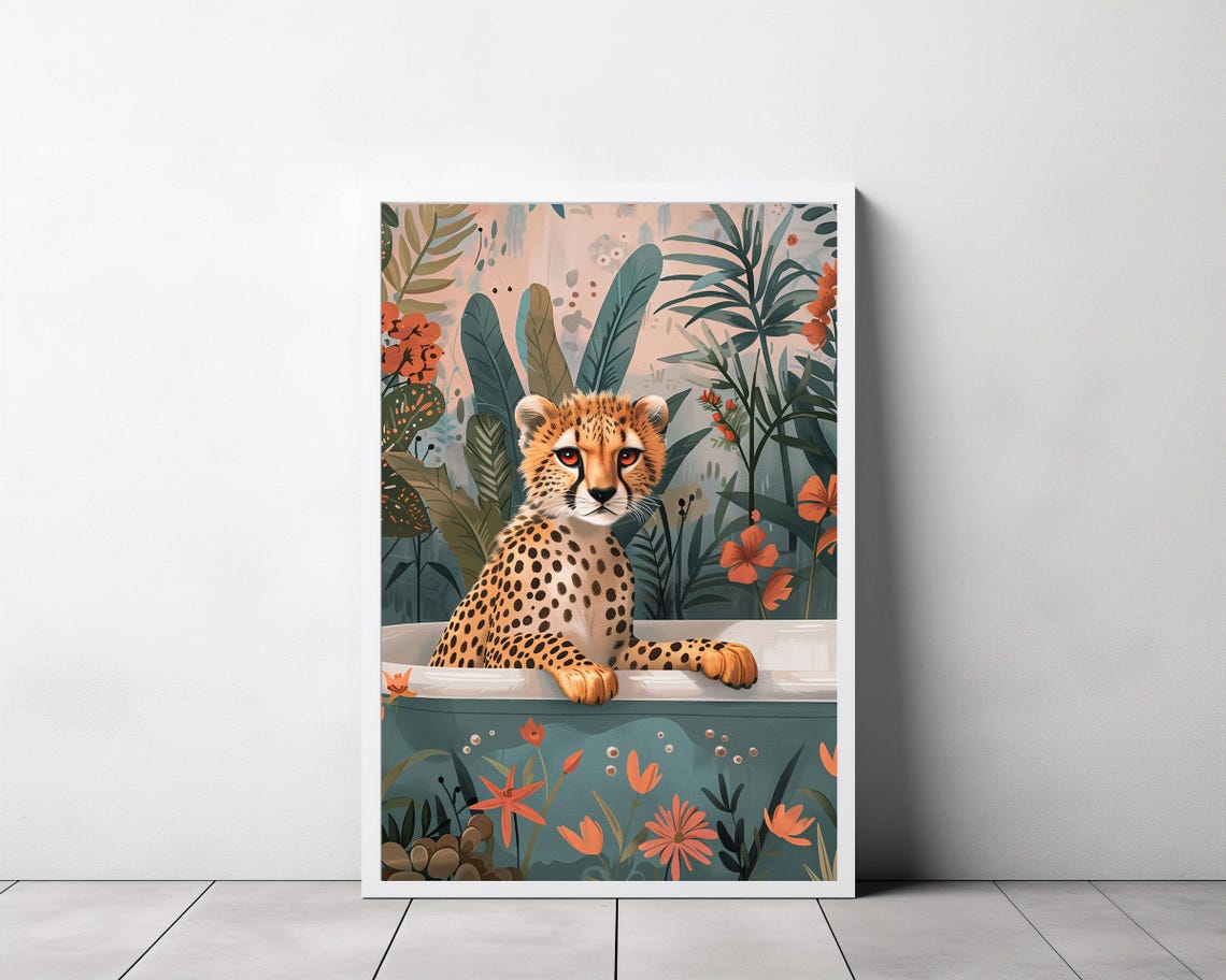 Playful Cheetah Cub Sitting in Bathtub Jungle Botanical Poster - Image 3