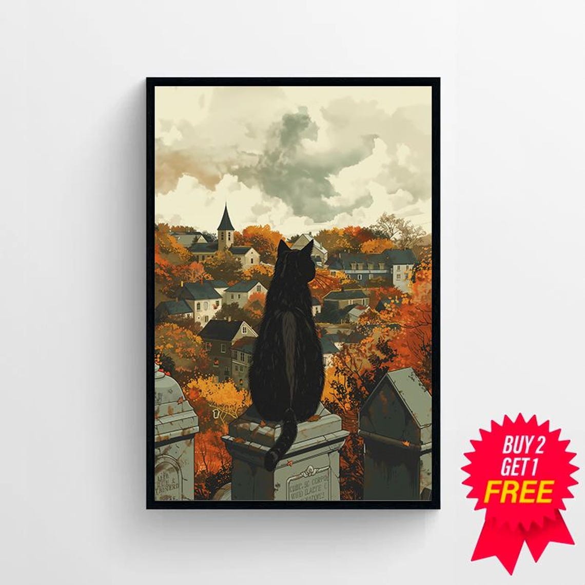 Black Cat on a Gravestone Over a New England Town in Autumn Poster - Image 4