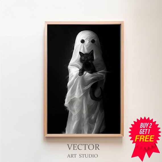 Ghost Holding A Black Kitten On Black Background Halloween Poster