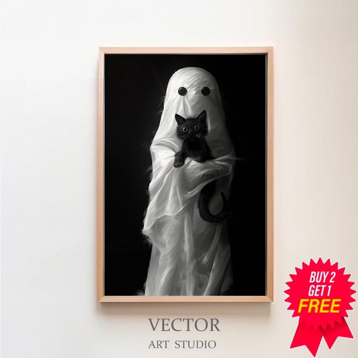 Ghost Holding A Black Kitten On Black Background Halloween Poster