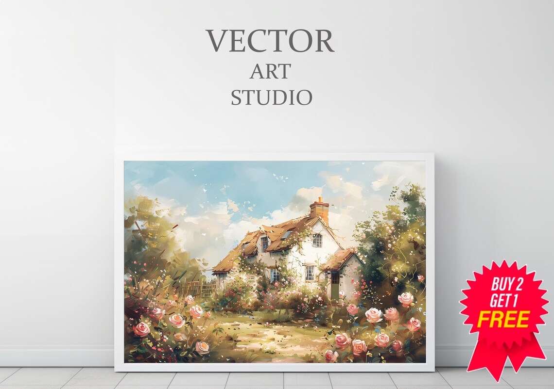 White Cottage With Blooming Roses In Summer Garden Oil Painting Poster - Image 3