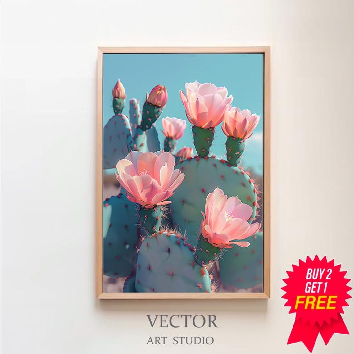 Blooming Prickly Pear Cactus with Pink Flowers Desert Poster