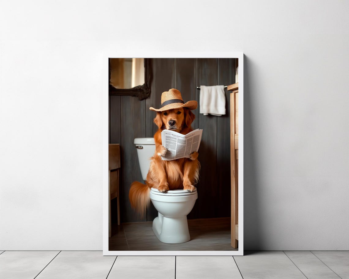 Golden Retriever In Straw Cowboy Hat On Toilet Reading Poster - Image 3