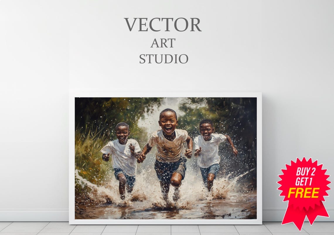 Three Joyful African Boys Running Through Splashing Water Art Poster - Image 3