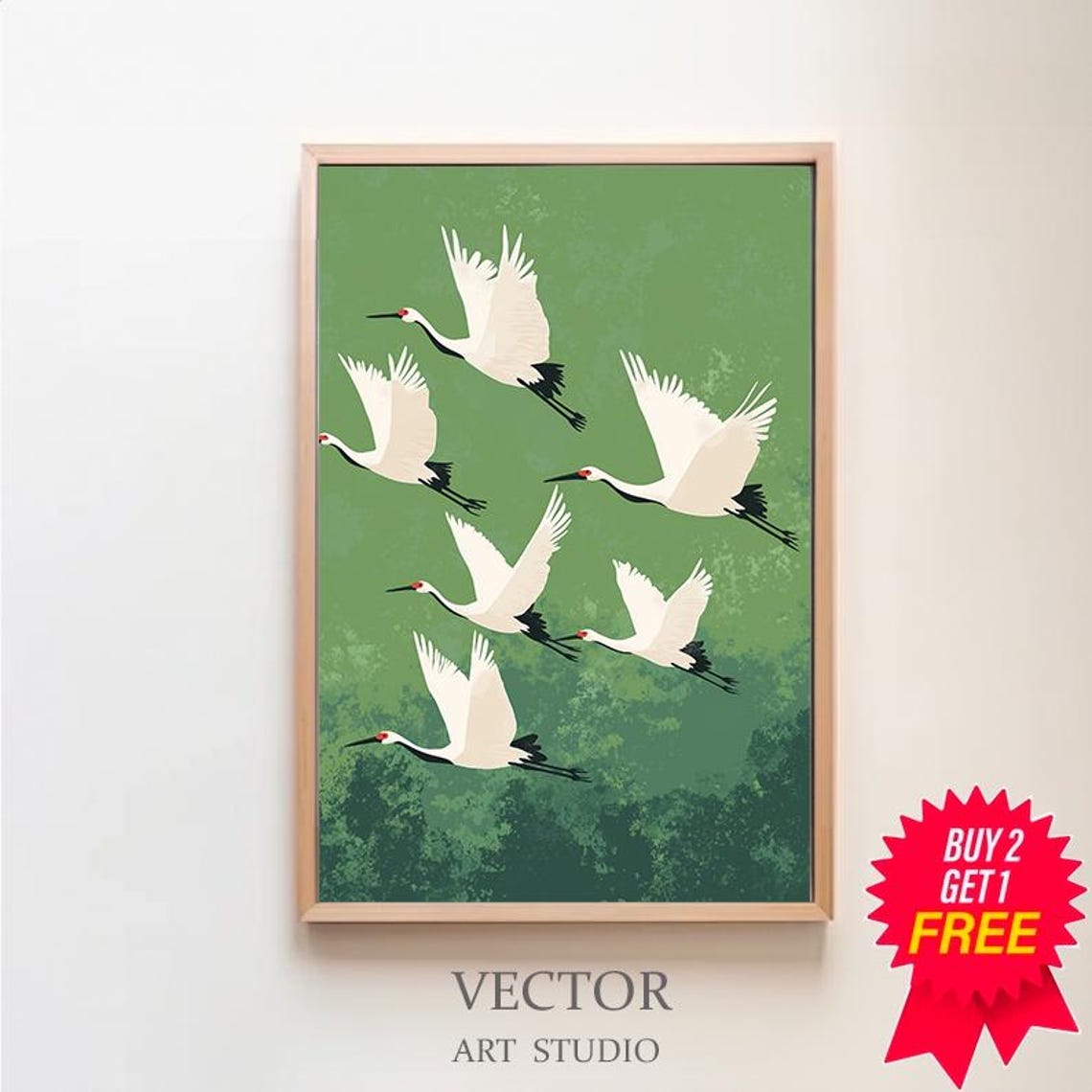 Six White Japanese Cranes Flying on Green Japandi Bird Art Poster