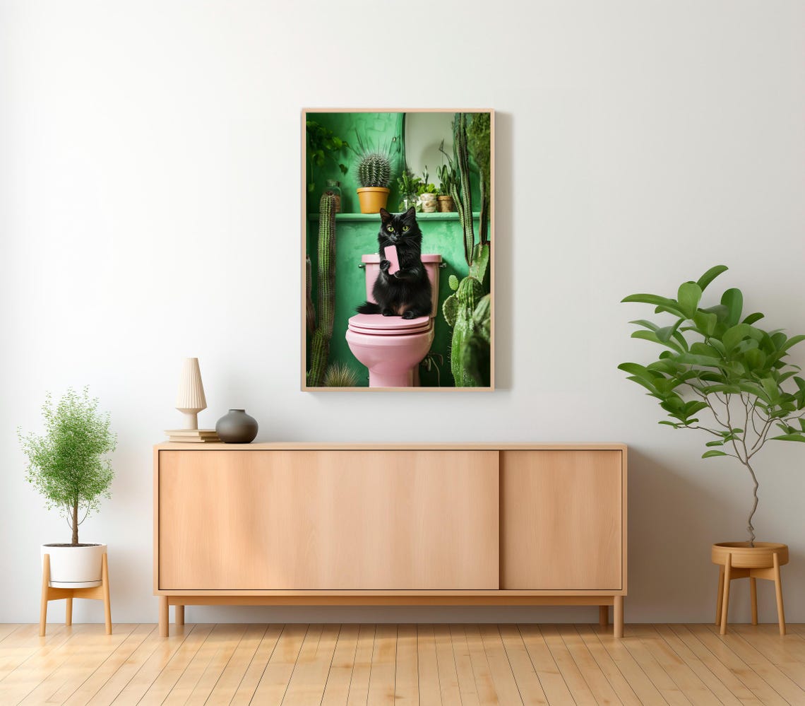 Funny Black Cat on Pink Toilet With Phone and Lush Green Plants Poster - Image 2