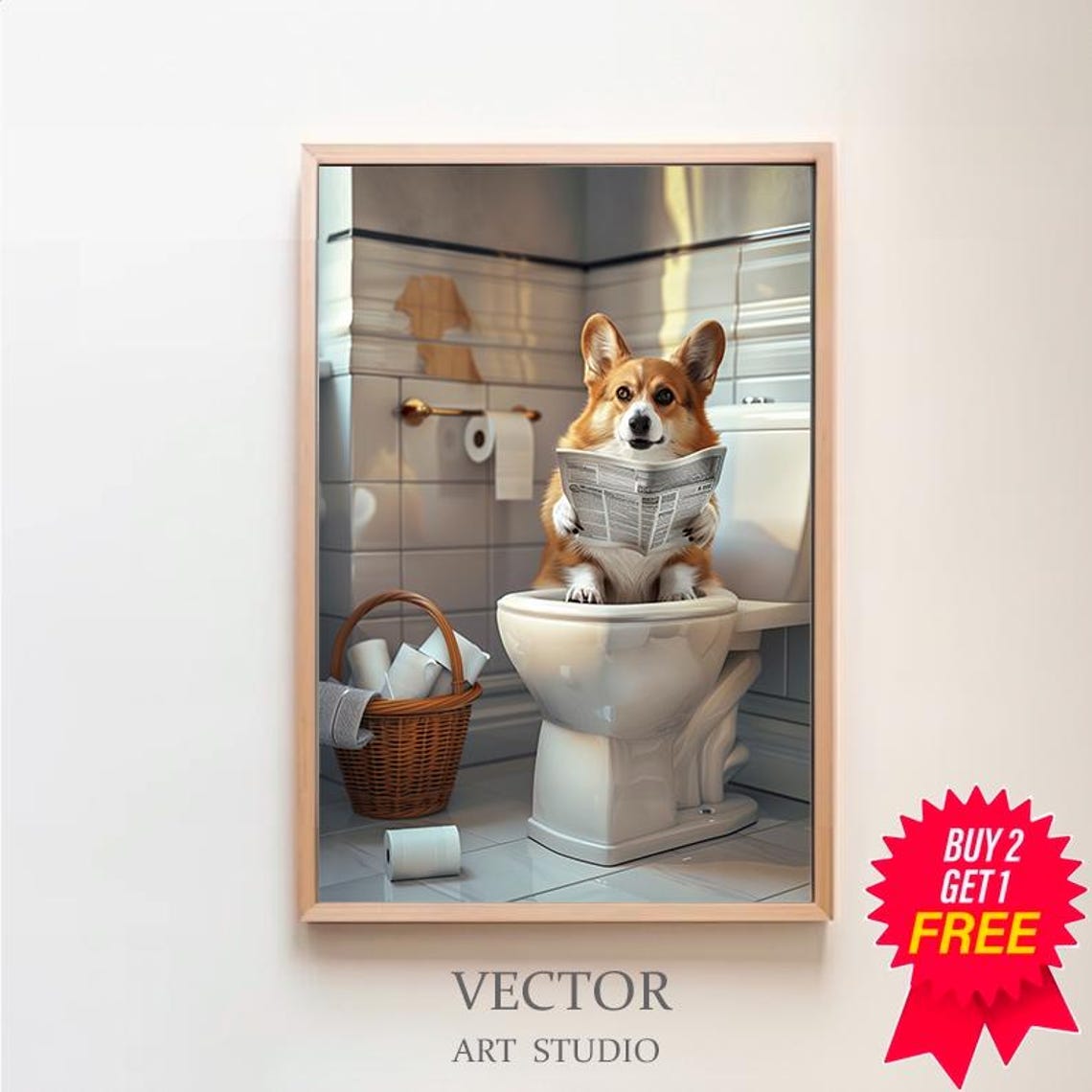 Pembroke Welsh Corgi Art Funny Bathroom Decor Dog In Toilet Animal In Toilet Petshop Art Dog Art Corgi Gift