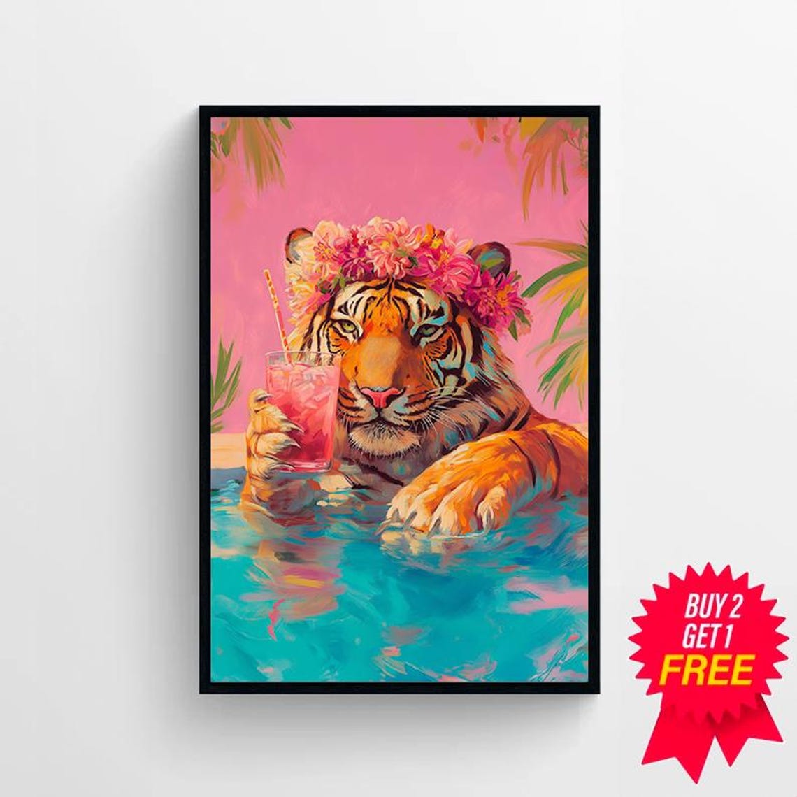 Tiger in Pool with Flower Crown Holding Pink Cocktail Poster - Image 4