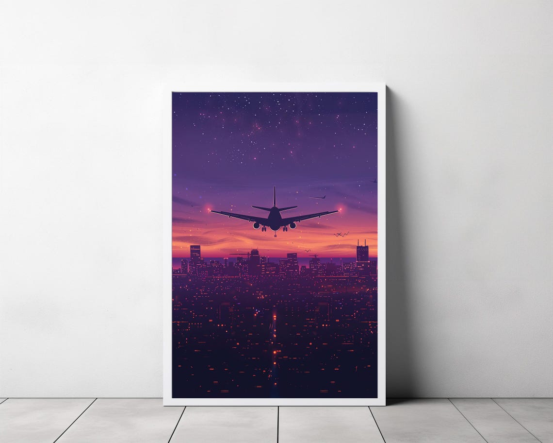 Airplane Silhouette Soaring Over City Lights at Sunset Sky Poster - Image 3