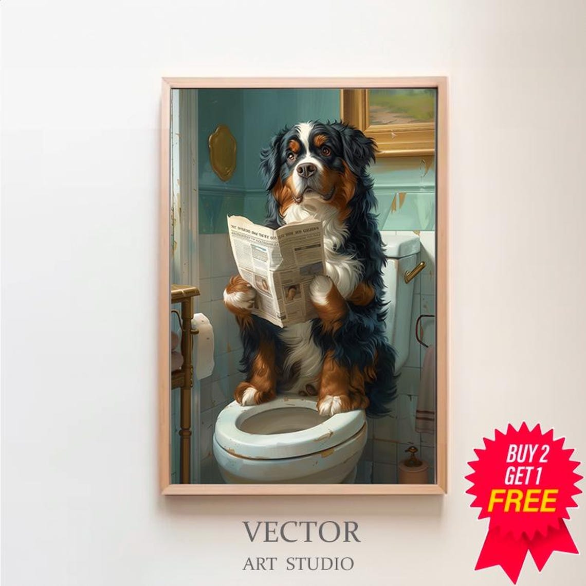 Funny Bernese Mountain Dog on Toilet with Morning Paper Poster