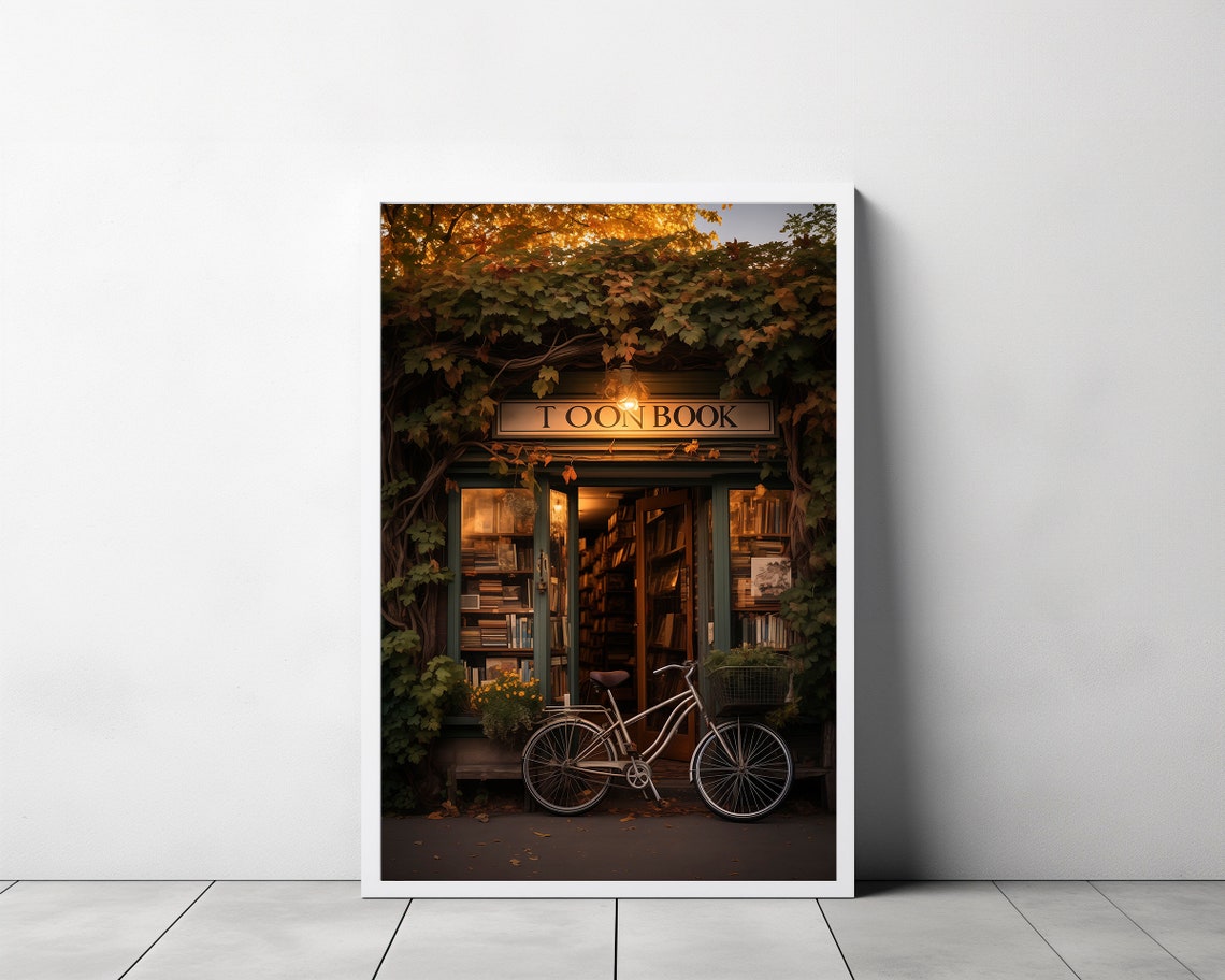 Ivy-Covered Bookshop Storefront Bicycle Autumn Evening Art Poster - Image 3