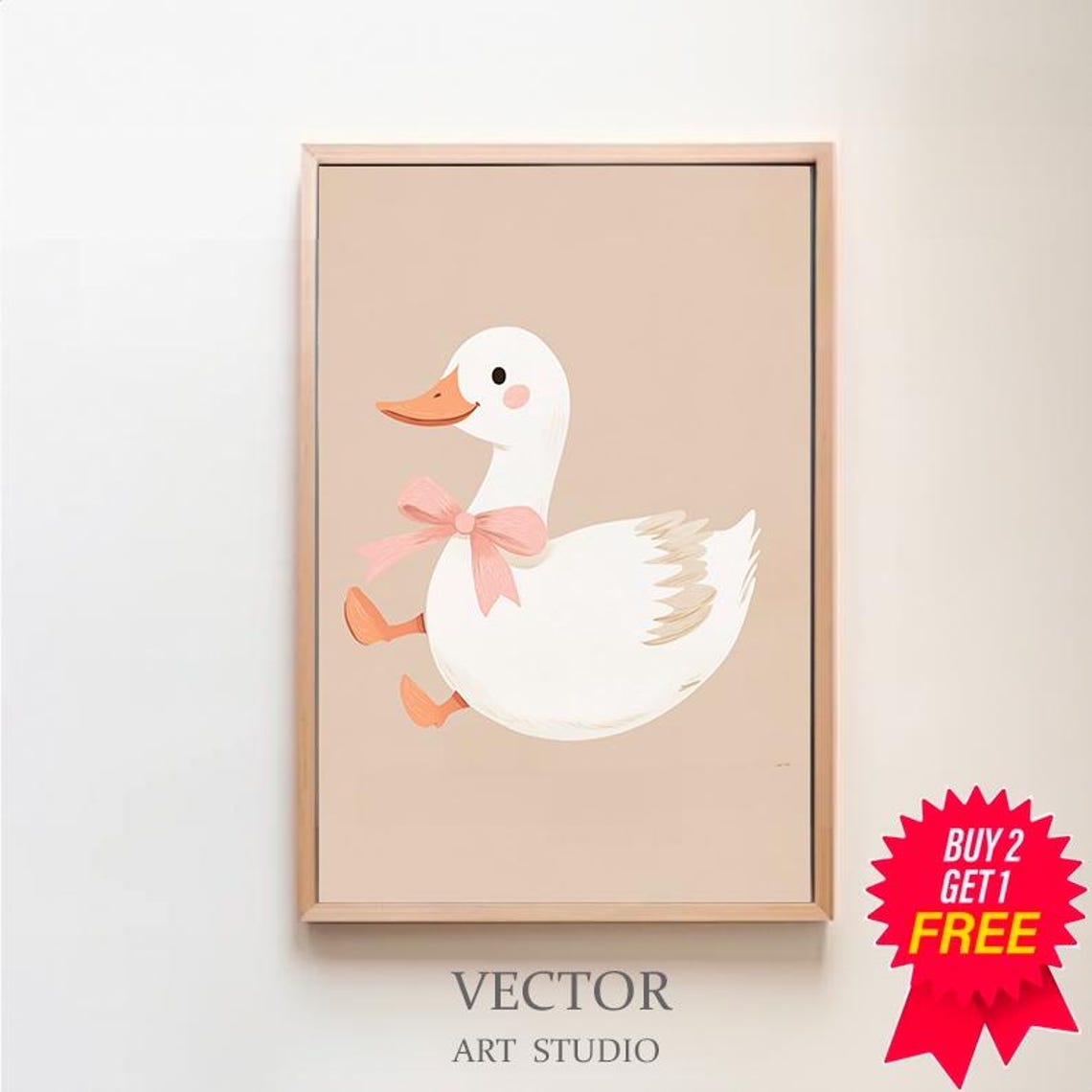 Cute White Duck With Pink Bow Running on Beige Nursery Poster