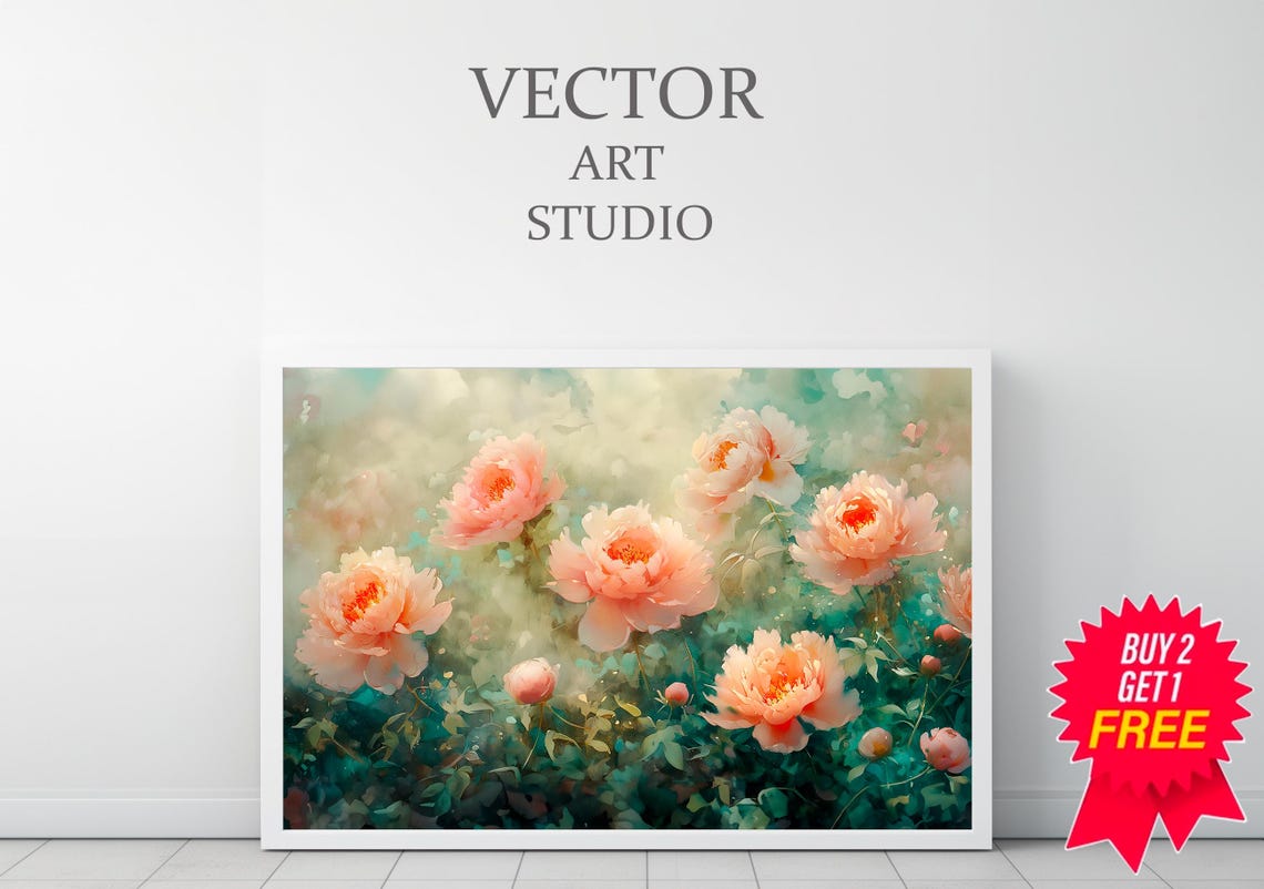 Soft Pink Peonies Teal Watercolor Spring Floral Garden Poster - Image 3