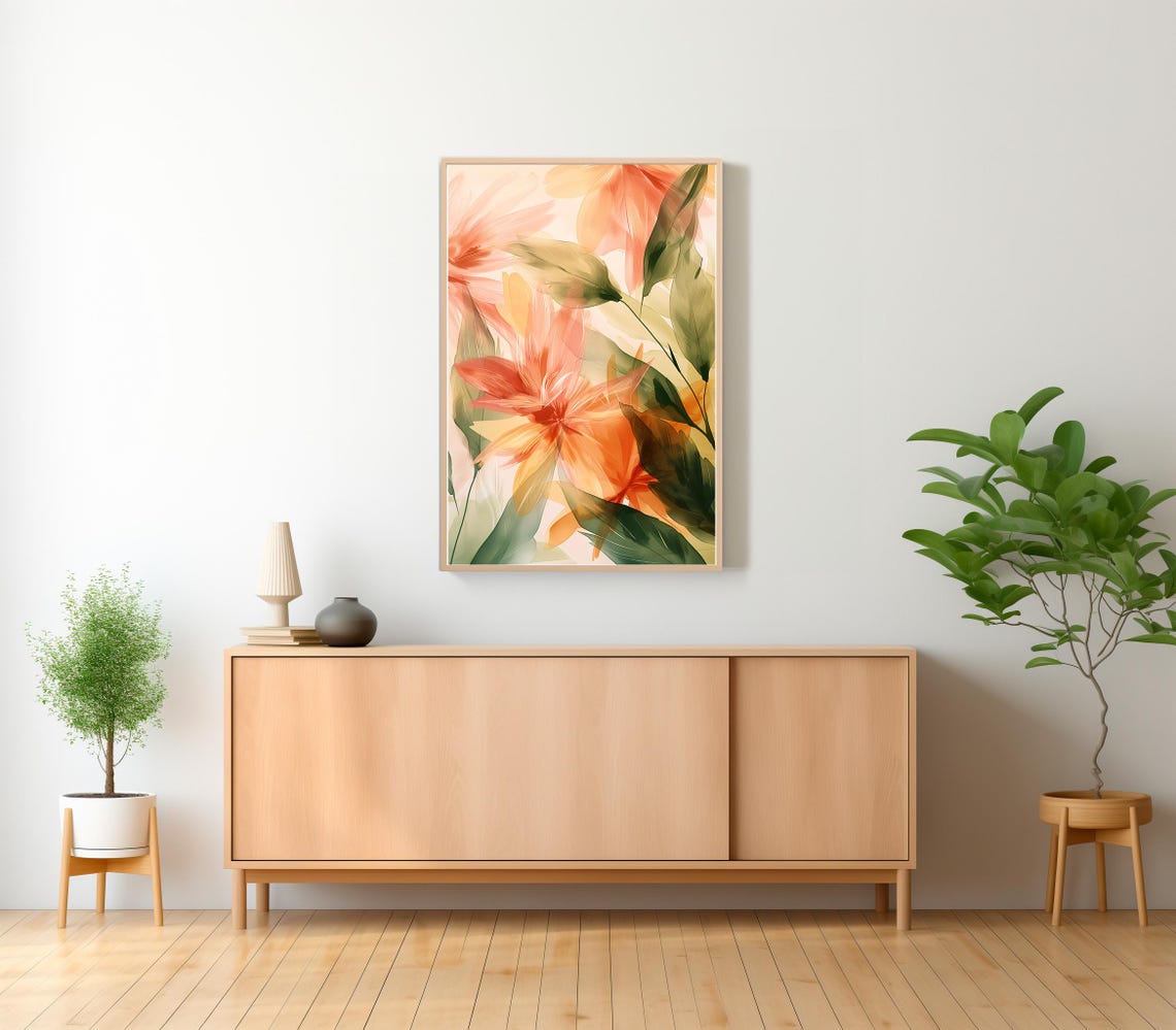 Soft Pastel Peach Abstract Floral Watercolor Modern Home Poster - Image 2