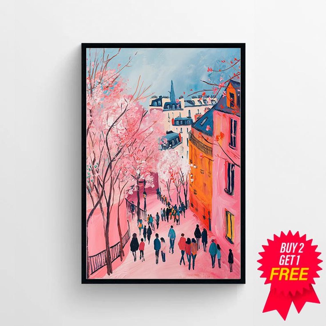 Cherry Blossom Paris Street in Spring Cityscape Painting Poster - Image 4
