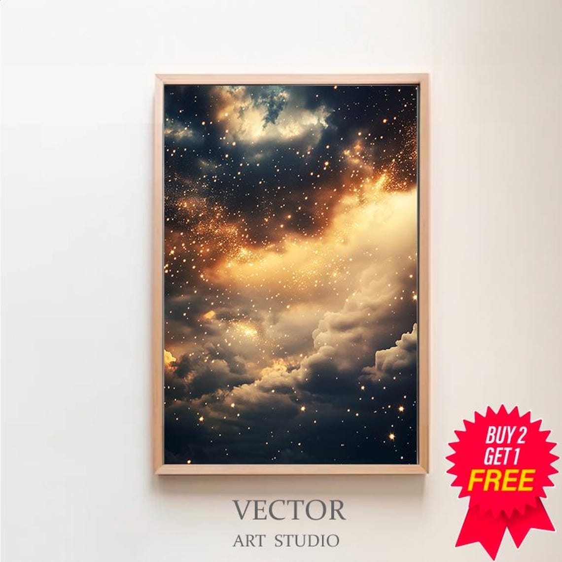 Golden Starry Night Sky Over Luminous Amber Cloud Formation Poster