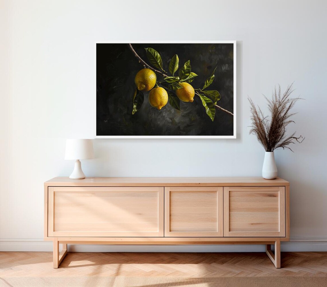 Moody Oil Painting of Three Lemons on a Branch with Leaves Poster - Image 2