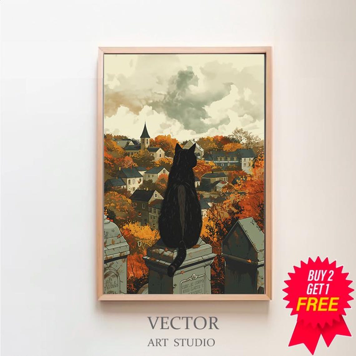 Black Cat on a Gravestone Over a New England Town in Autumn Poster