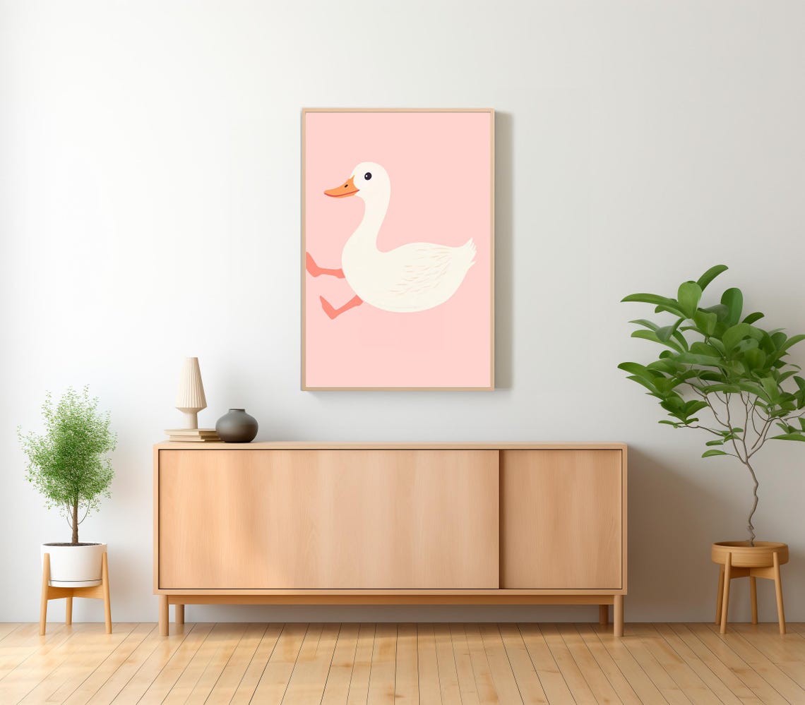 Happy White Duck Running Across Soft Pink Background Art Poster - Image 2
