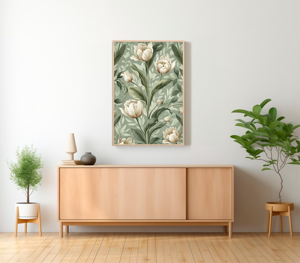 Cream Tulips on Sage Green Art Nouveau Style Botanical Poster - Image 2