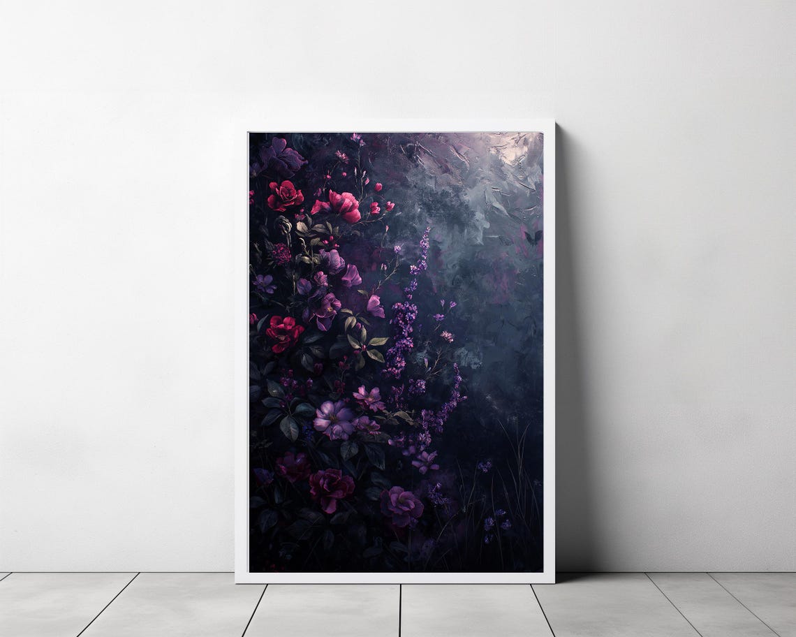 Velvet Purple Roses in a Misty Dark Botanical Floral Painting Poster - Image 3