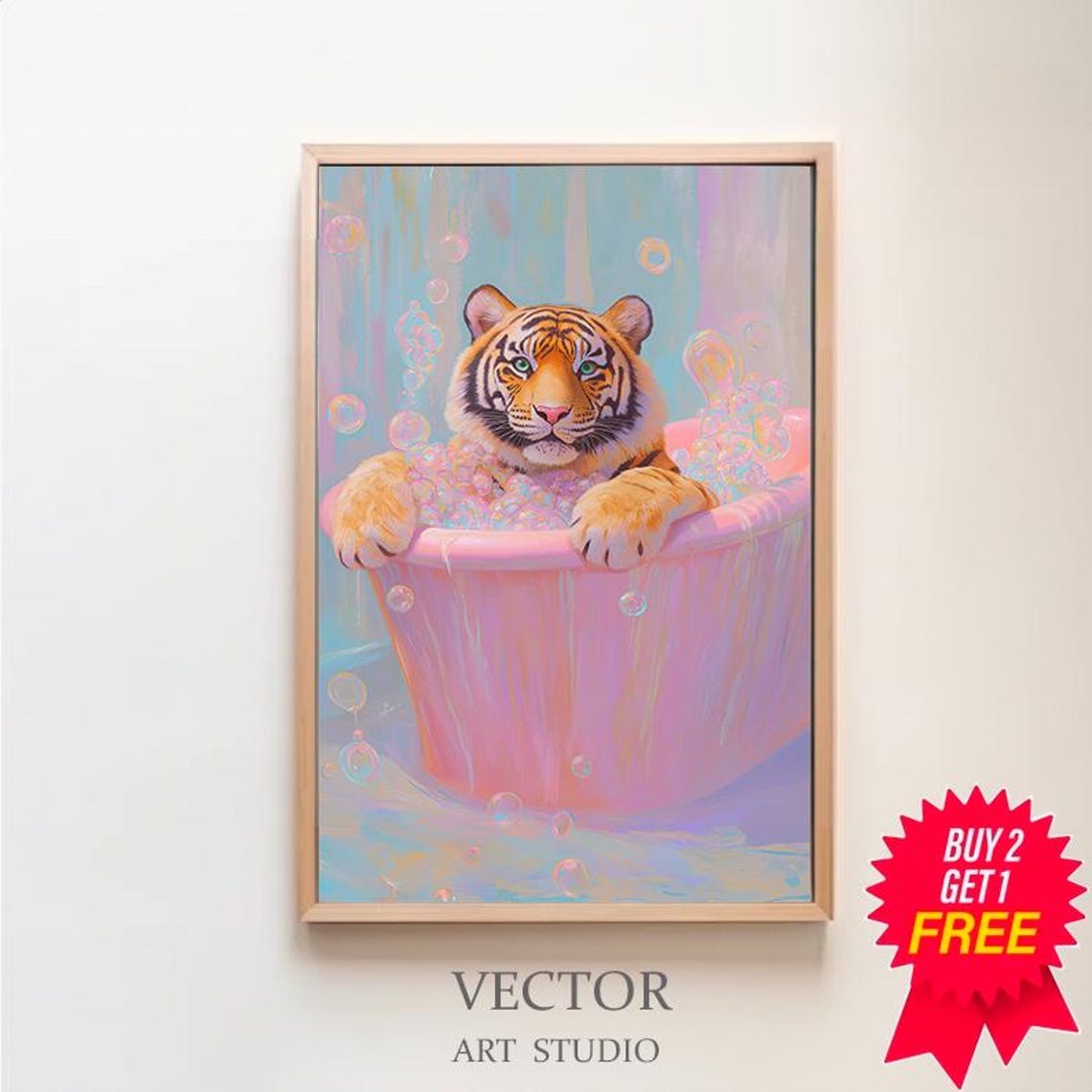 Tiger Cub Splashing in a Pastel Bubble Bath Whimsical Nursery Poster