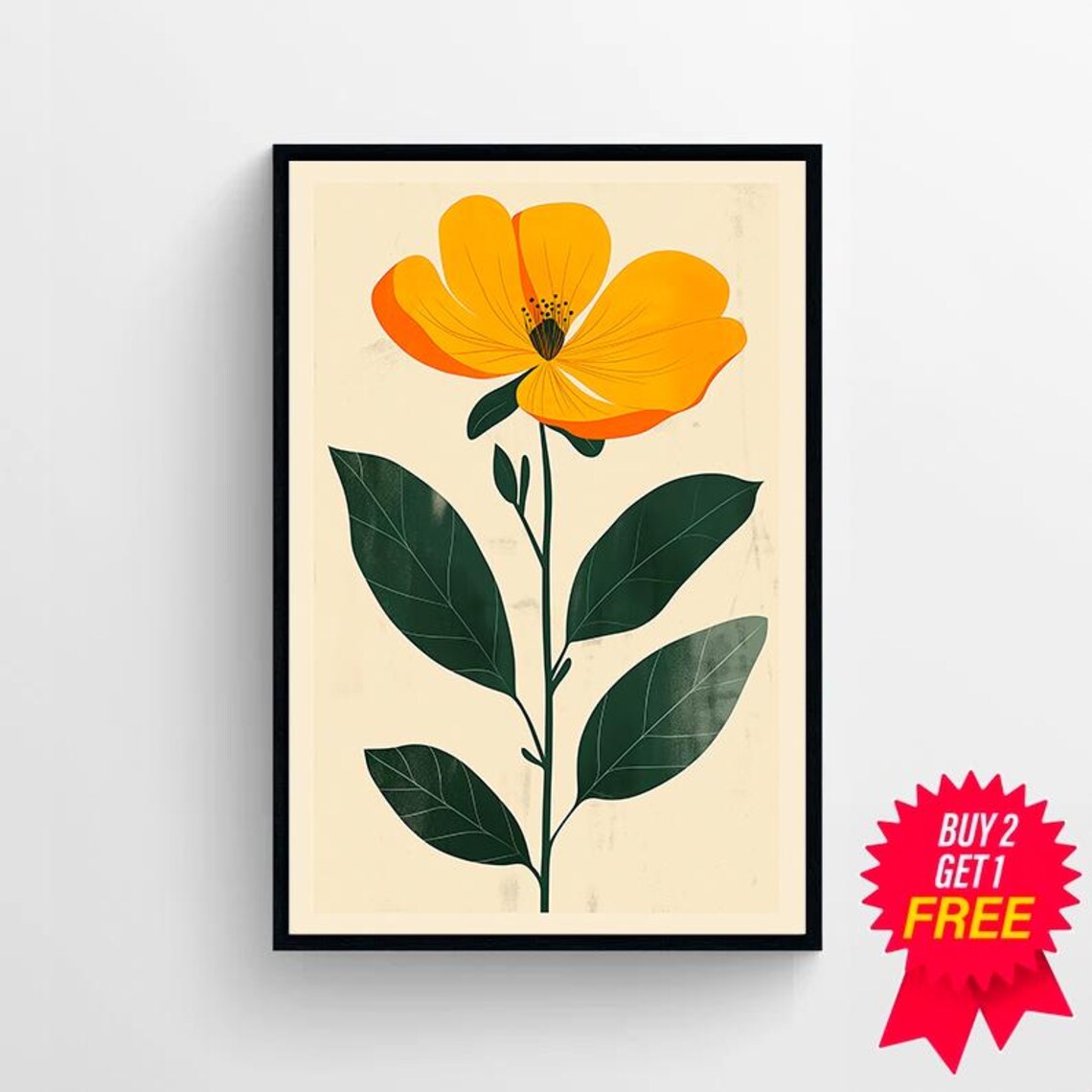 Yellow Buttercup Bloom on Cream Minimalist Floral Art Poster - Image 4