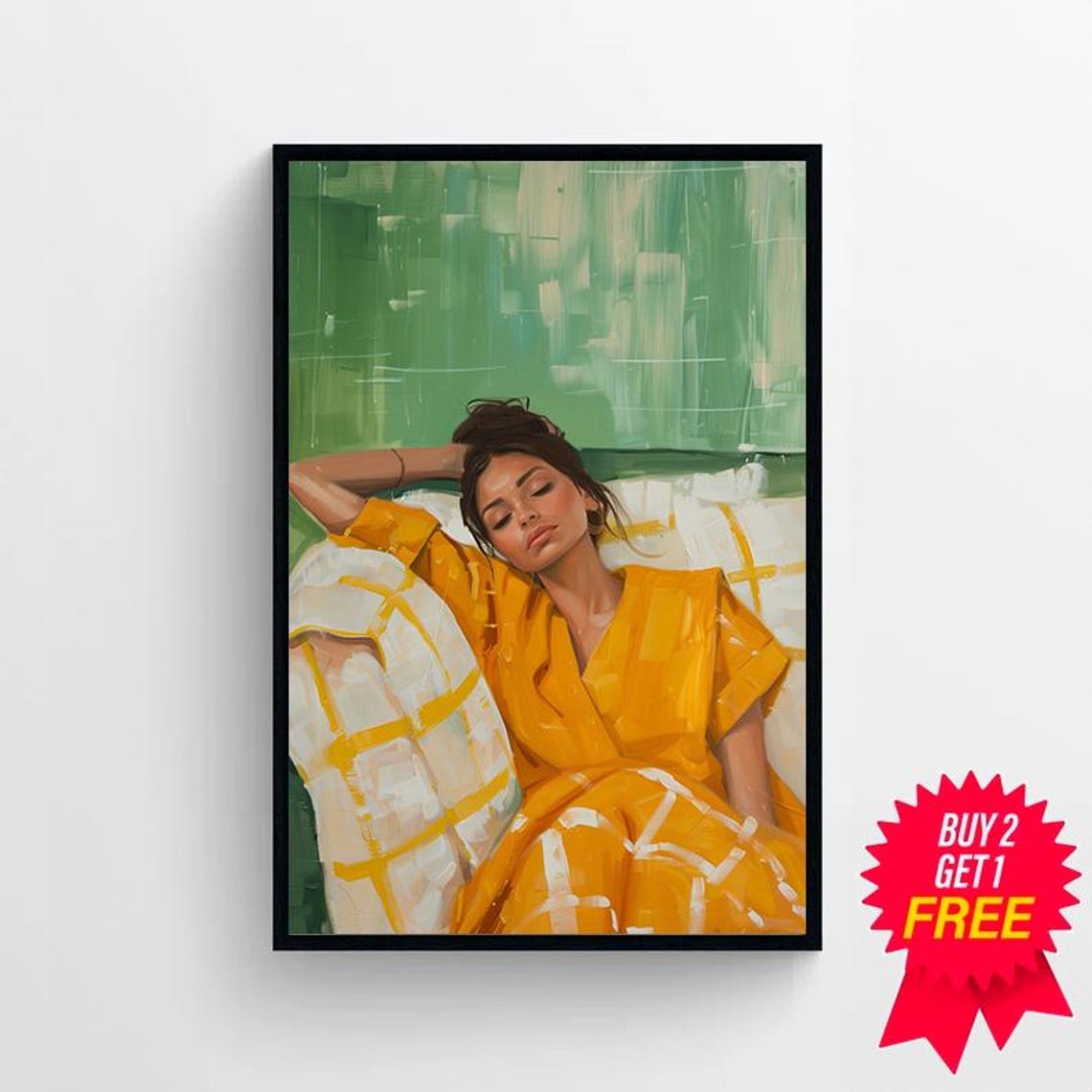 Painted Woman in a Mustard Yellow Dress Reclining on a Couch Poster - Image 4