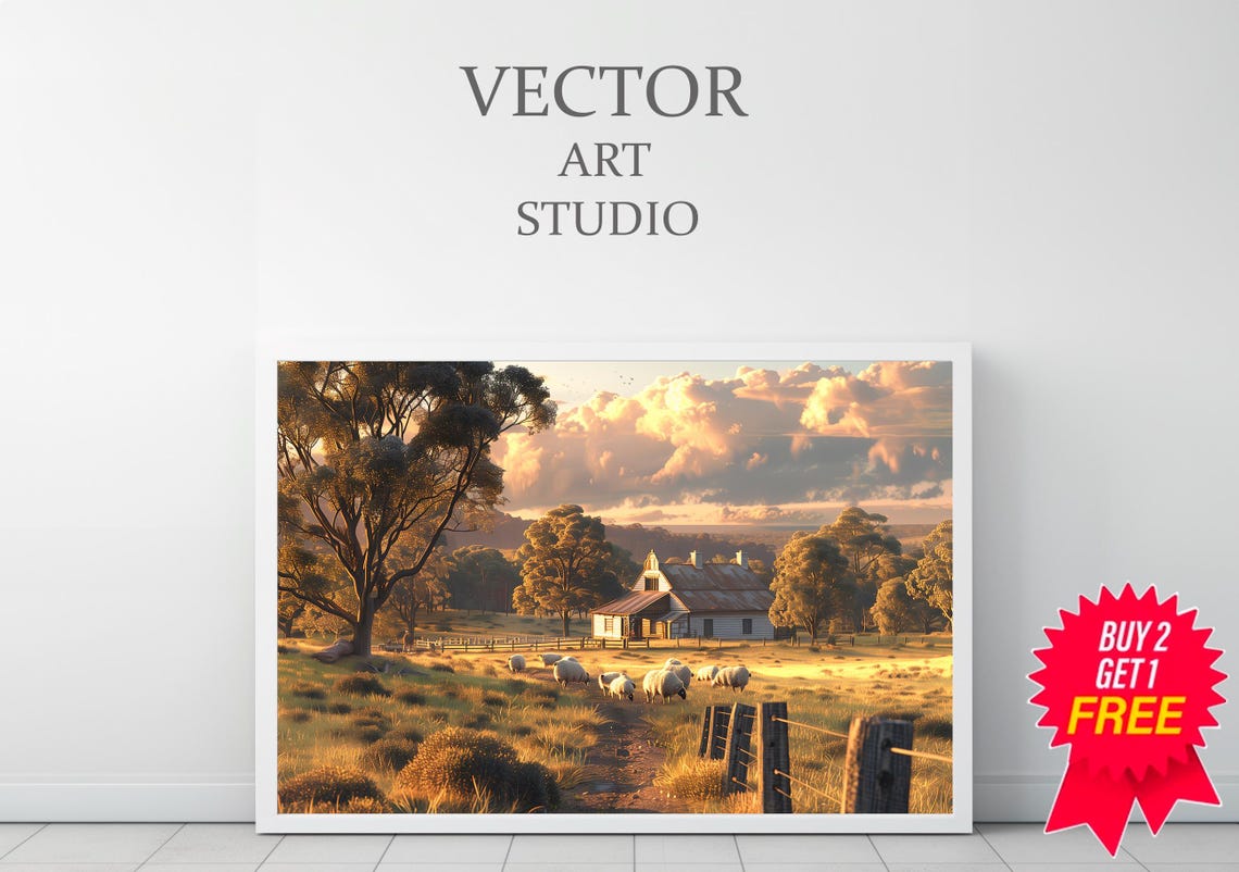 Outback Farmhouse Sheep Grazing At Sunset Golden Fields Rural Poster - Image 3