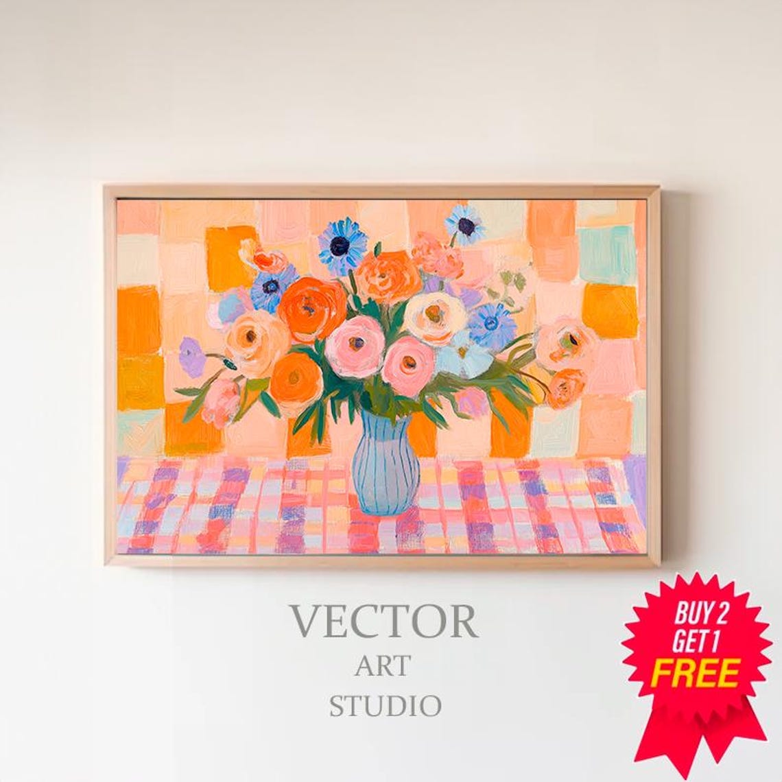 Still Life Frame Tv Art Maximalist Mid Century Modern Bold Flower Tv Picture Colorful Floral Vibrant Checkerboard Textured Oil Painting