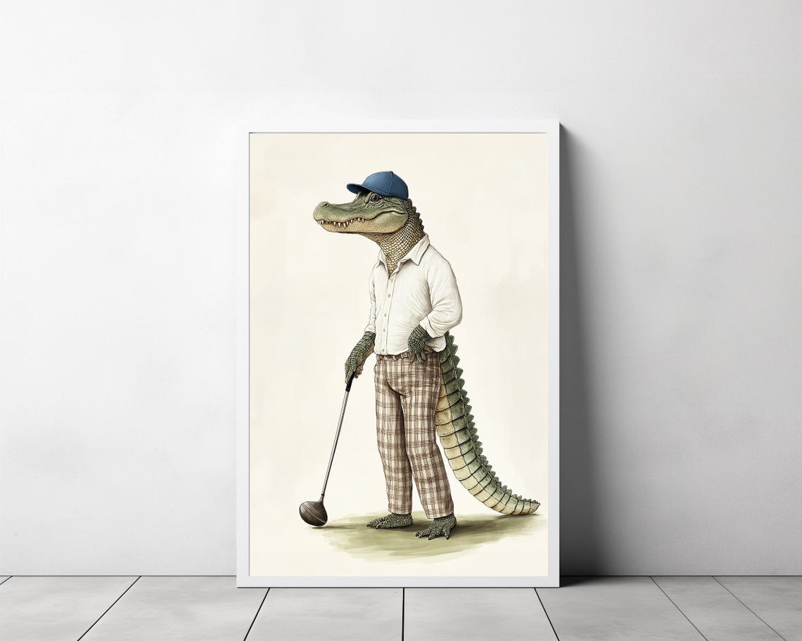 Alligator Golfer in Plaid Pants and Blue Cap Funny Animal Poster - Image 3