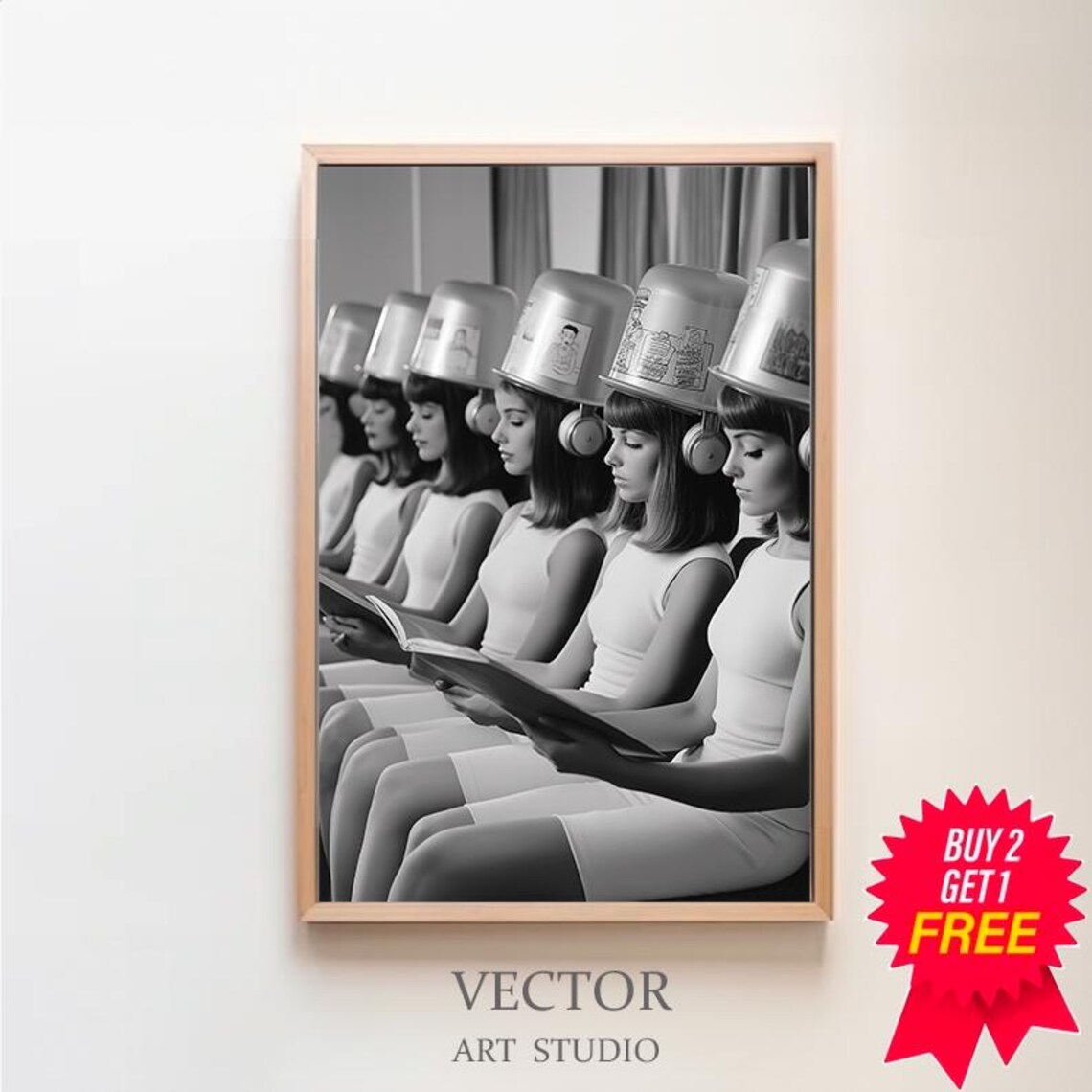 Row of Women with Decorated Vintage Salon Hair Dryers Photo Poster
