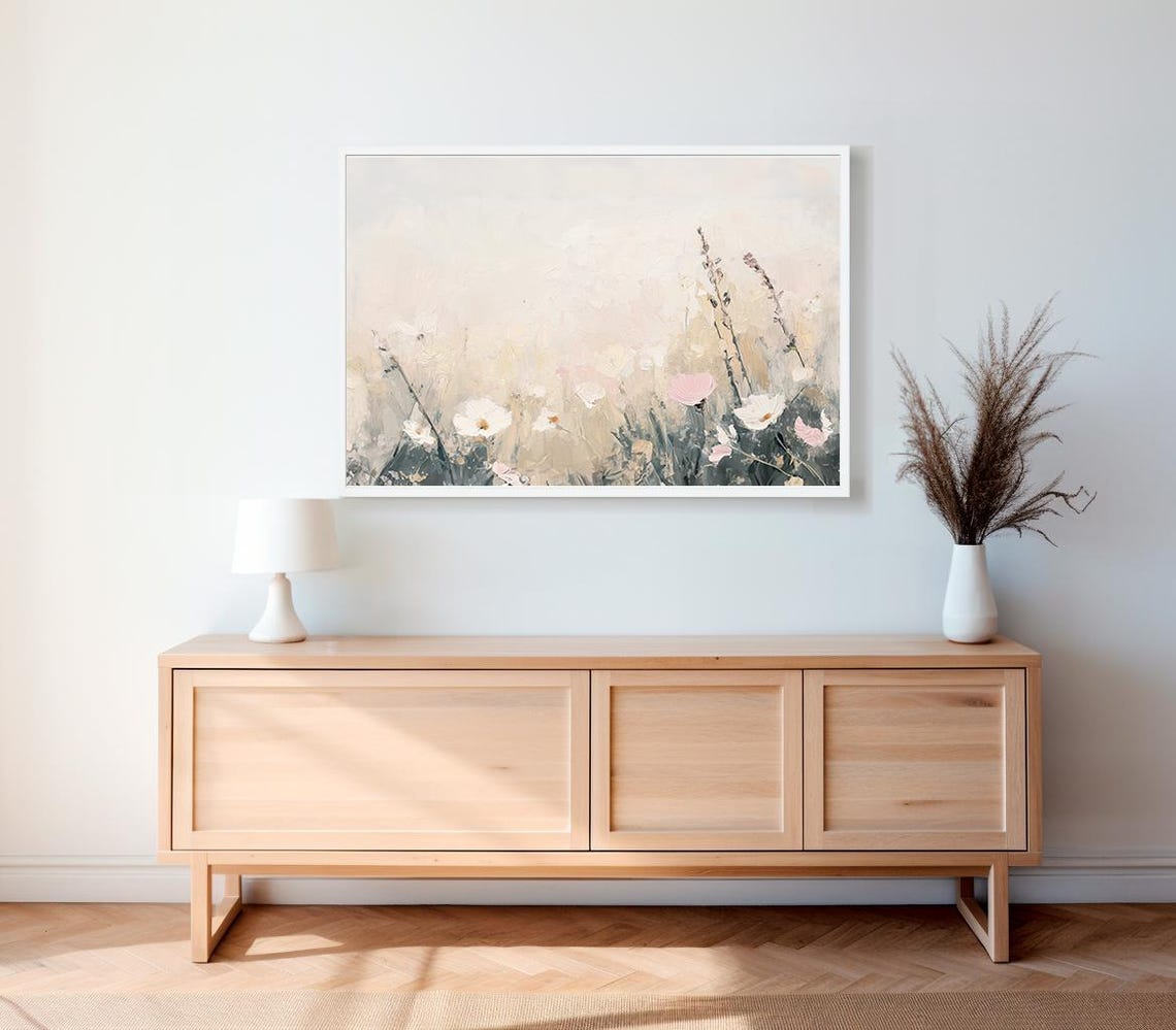Ethereal Pastel Wildflowers Swaying in a Soft Beige Meadow Poster - Image 2