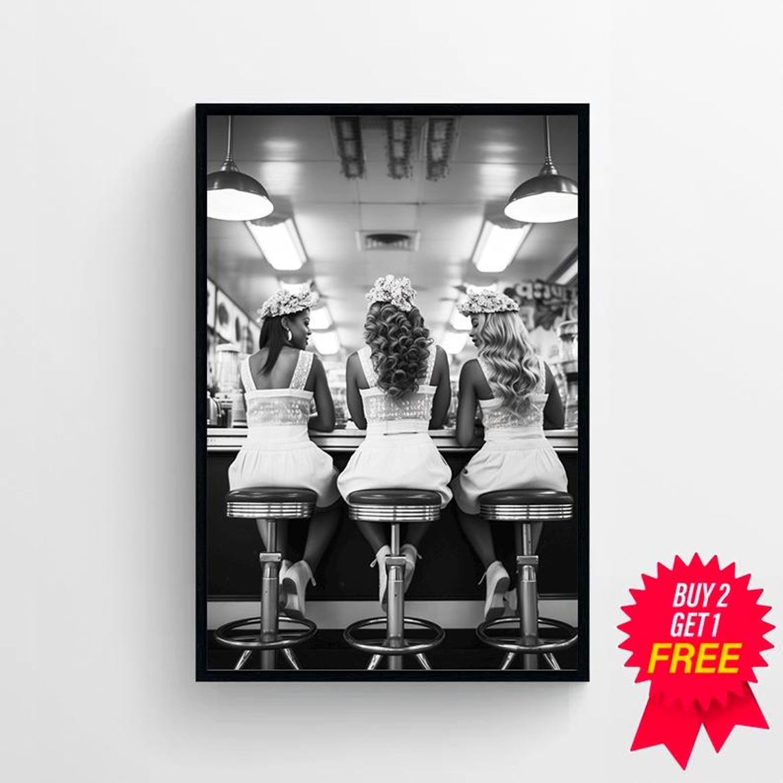 Women Drinking At Bar Wall Art Black And White Print Three Friends Vintage Poster Retro Wall Decor Alcohol Art Bar Cart Print - Image 4