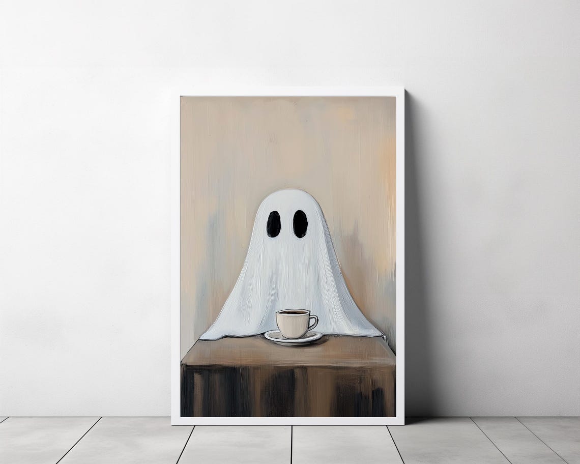 Cute Ghost Behind Table with Coffee Whimsical Painting Poster - Image 3