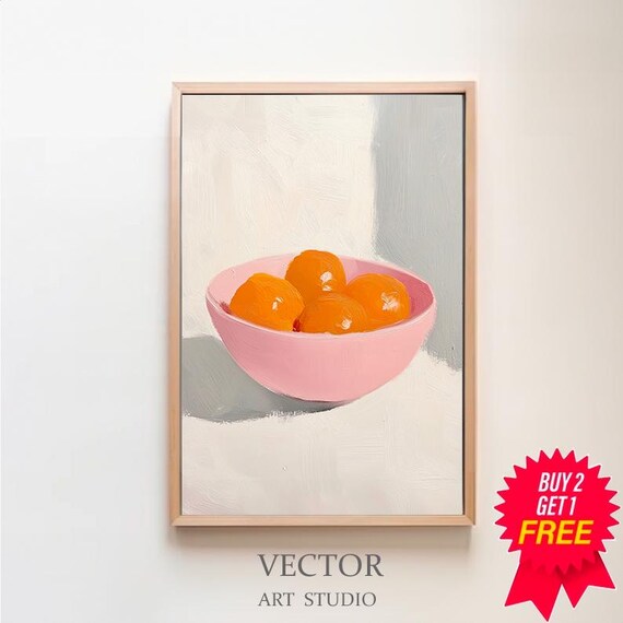 Colorful Oranges Painting Kitchen Food Art Print Summer Citrus Pastel Fruit Wall Decor Pink Dining Room