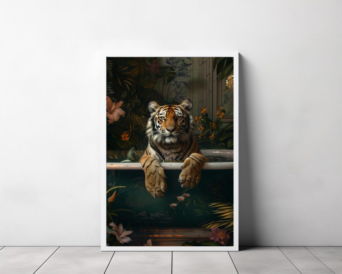 Tiger Relaxing in Bathtub Jungle Plants Maximalist Art Poster - Image 3