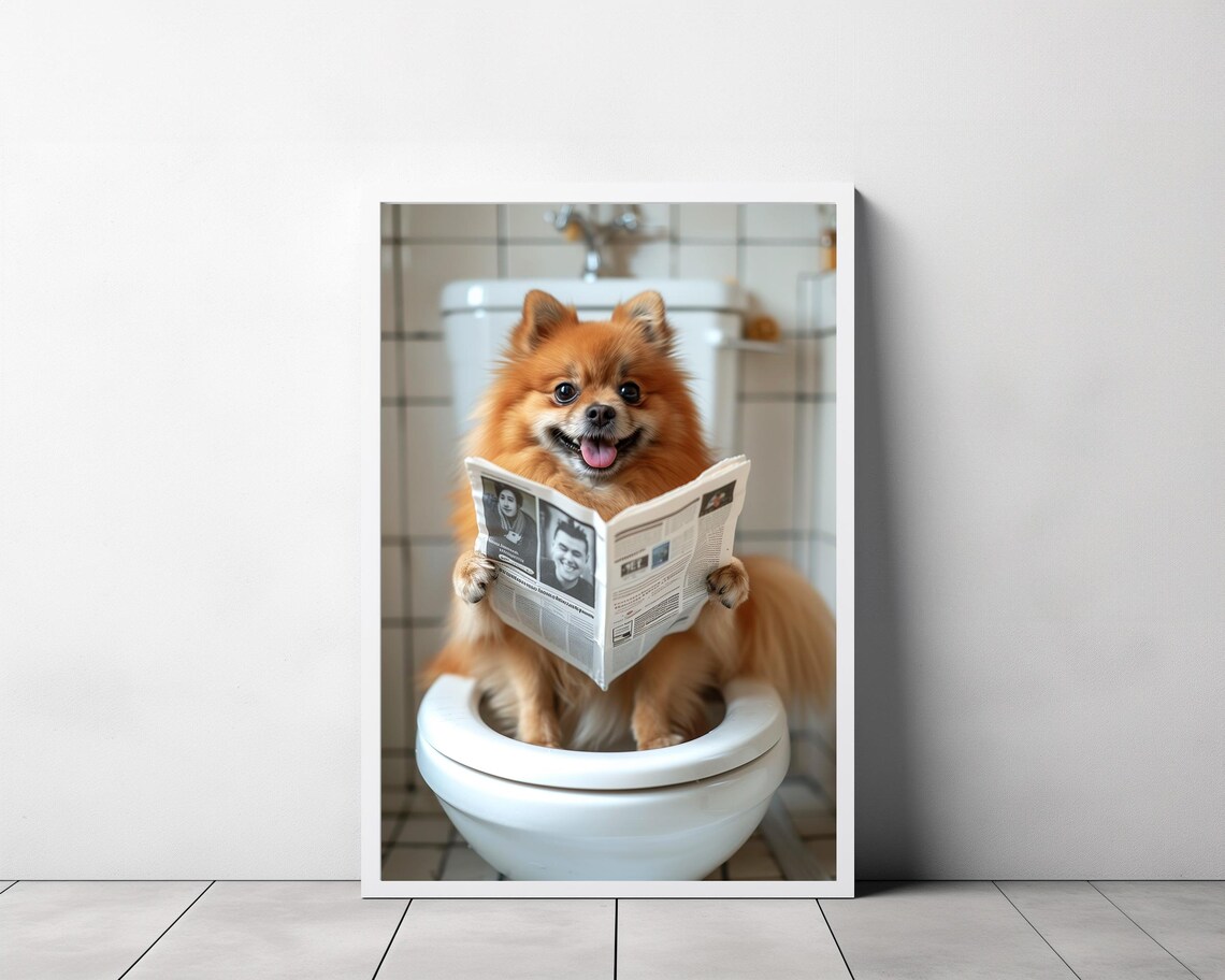 Pomeranian in Toilet, Funny Bathroom Art Print - Image 3