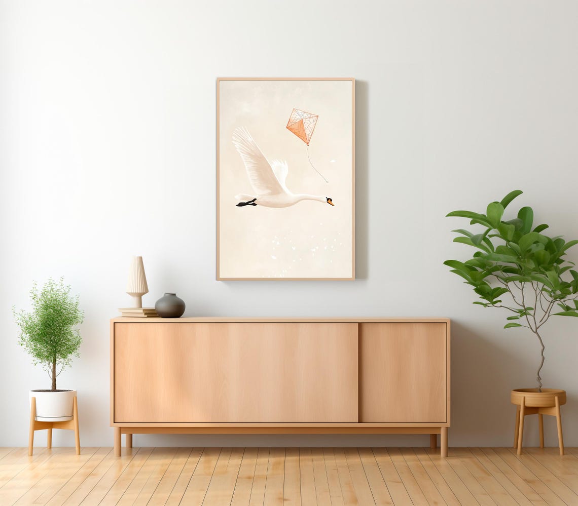 Graceful White Swan Flying With Orange Kite on Cream Nursery Poster - Image 2