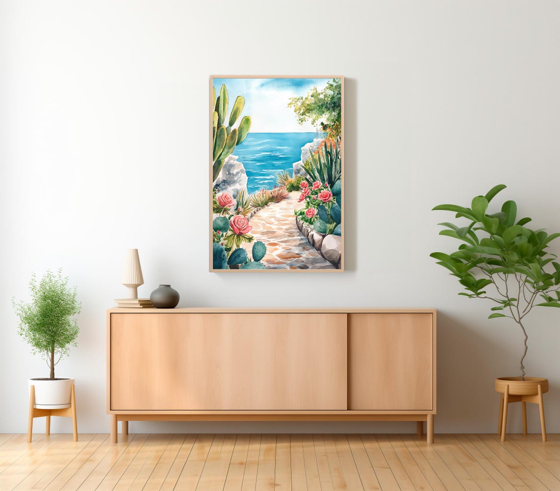 Cactus Lined Stone Garden Path to the Sea Mediterranean Poster - Image 2