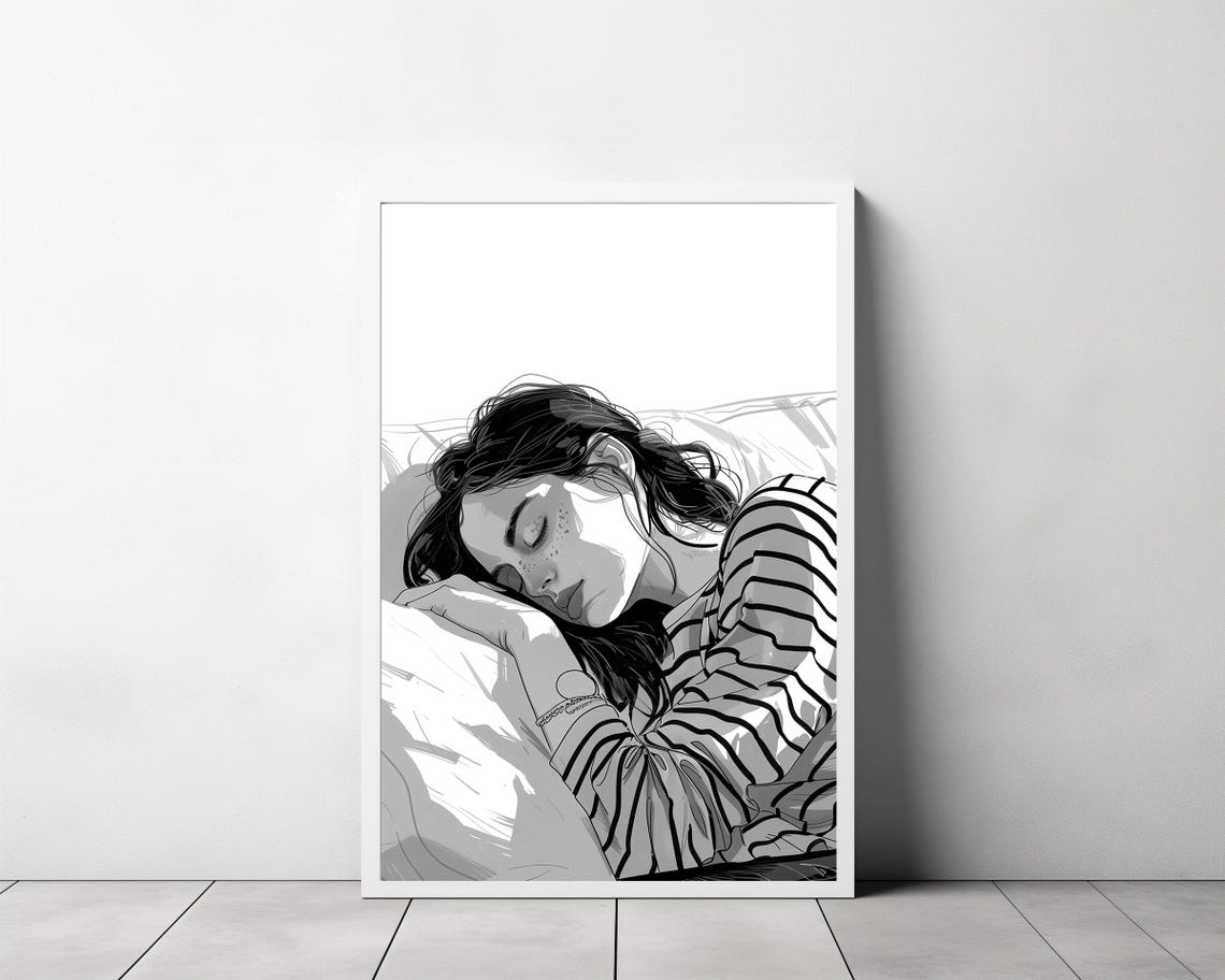 Black and White Sketch of a Sleeping Woman in Stripes Poster - Image 3