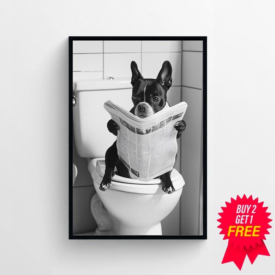 Boston Terrier On Toilet Reading Newspaper Funny Photo Poster - Image 4