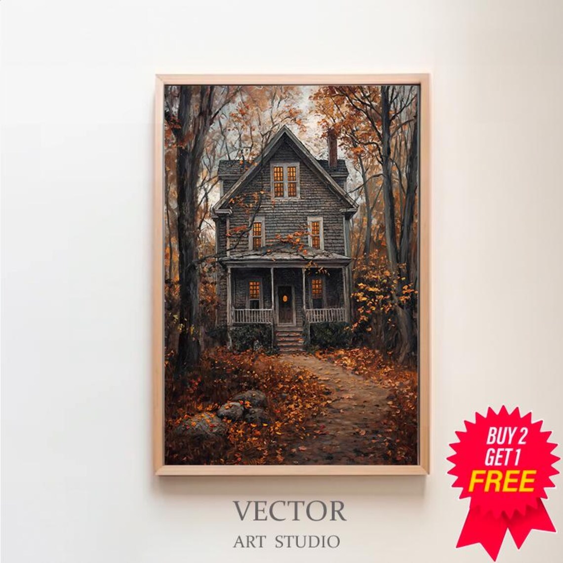 Autumn Farmhouse with Glowing Windows in Moody Fall Woods Poster